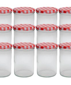 hocz Sturzgläser 12er Set 435 ml Drehverschluss mit Roten Deckeln & Karriert To 82
