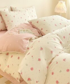Lanqinglv ÖKO-TEX Microfaser Bettwäsche für Allergiker - Rosa Blumen Aesthetic Set - 155x220 cm mit Reißverschluss und K
