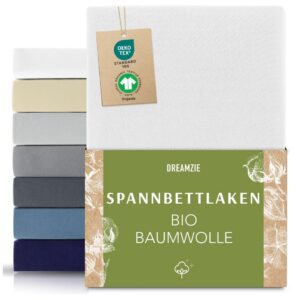 Dreamzie Premium Spannbettlaken Weiß - Soft Jersey Biobaumwolle, 150 g/m², für Baby & Kind, Hochwertiger Schlaf, Oeko-TE
