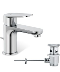 KLUDI-X1 Wassersparender Wasserhahn Bad mit Zugstangen-Ablauf, Keramikkartusche, Mischbatterie, Chrom-Graßize S