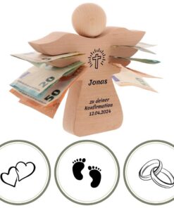 HOFMEISTER® Holzengel Geldgeschenk personalisierte Gravur - Ideal für Taufe, Hochzeit und Geburt - Geschenkidee für Jung