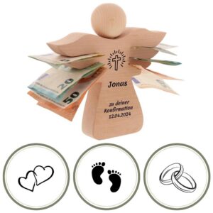 HOFMEISTER® Holzengel Geldgeschenk personalisierte Gravur - Ideal für Taufe, Hochzeit und Geburt - Geschenkidee für Jung