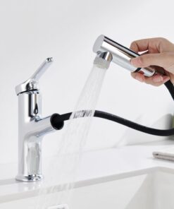 DETBOM Bad Wasserhahn mit Ausziehbar Brause und 2 Strahlarten für Warm-Kalt-Mischung | DETBOM Einhebelmischer Waschbeck
