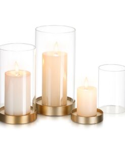 Glasseam Gold Kerzenständer 3er Set Groß mit Glaszylinder für Weihnachten Outdoor Deko