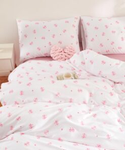 Covebett Bettwäsche 135x200 Rosa Schleifen Herzen für Mädchen Set Microfaser Aesthetic