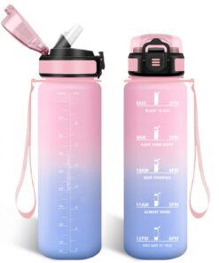 HoneyHolly Trinkflasche 1L mit Strohhalm BPA-frei auslaufsicher mit Zeitmarkierungen für Fitnessstudio Radfahren Laufen