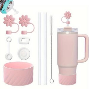Stanley Cup 9PCS Tassenzubehör Rosa Inklusive Silikonstiefel, Blumen-Charms, Verschüttungsstopper und Reinigungsbürste