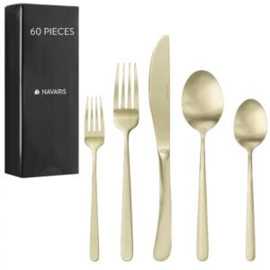Navaris Edelstahl Besteck Set 12 Personen - 60-teiliges Besteckset in Mattem Satin Gold Finish - Edelstahl 18/0 - Löffel