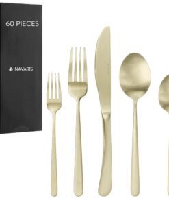 Navaris Edelstahl Besteck Set 12 Personen - 60-teiliges Besteckset in Mattem Satin Gold Finish - Edelstahl 18/0 - Löffel