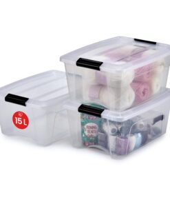 Iris Ohyama Aufbewahrungsboxen NTB-15, 15L, 3er-Set, Transparent, BPA-freies Plastik, Sicherer Verschluss, Schlafzimmer,