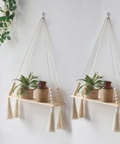 Dremisland Boho Deko 2er Set Hängeregal mit Baumwollseil und Holzperlen für Wohnzimmer und Schlafzimmer