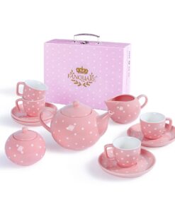 Fanquare 12-teilig Porzellan Teeservice für Erwachsene, Rosa Polka Dot Tee Party Set mit Tasse, Teller, Zuckerdose, Teek