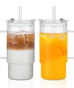 KEMORELA Stilvolle Glasbecher für Eiskaffee - 2 Stück 590ml Gerippte Trümmer Gläser mit Henkel - Perfect für Bubble Tea