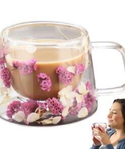 Doppelwandiger Kaffeebecher mit Isolation für Blumendesign, doppelwandiger Glasbecher mit Griff 250 ml, klare Tasse Latt