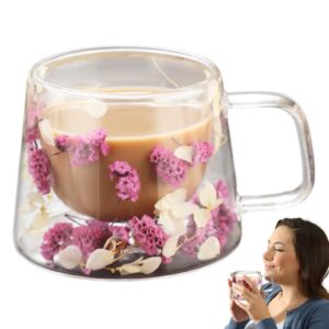 Doppelwandiger Kaffeebecher mit Isolation für Blumendesign, doppelwandiger Glasbecher mit Griff 250 ml, klare Tasse Latt