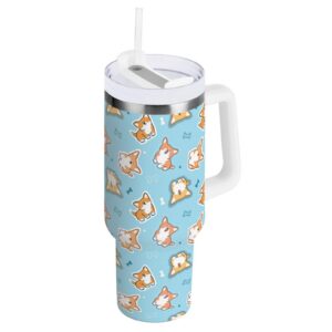 Kcldeci Cartoon Corgi Dog Blue Thermosflasche mit Deckel und Strohhalm für Wasser, Eistee oder Kaffee, 1,18 L für Kinder