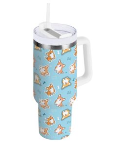 Kcldeci Cartoon Corgi Dog Blue Thermosflasche mit Deckel und Strohhalm für Wasser, Eistee oder Kaffee, 1,18 L für Kinder
