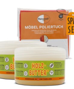 Renuwell Holz-Butter - Intensiv-Pflege für alle Holzarten, fusselfrei und langlebig, Reinigt und poliert Holz & Kunststo