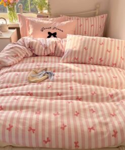Covebett Weiß-Rosa Gestreift Bettwäsche Set für Mädchen Schleifenmuster 135x200 Kawaii Mit Reißverschluss