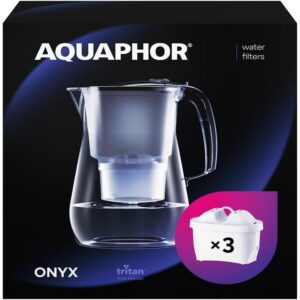 AQUAPHOR Wasserfilter Onyx Weiß I Premium Qualität für die Familie I Kalk & Chlor reduziert I Stylischer Glasoptik-Behäl
