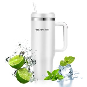 DSYZWEE 1200 ml Doppelwandiger Edelstahl Vakuum Thermobecher für Auto und Office - Weiß mit Strohhalm und Henkel