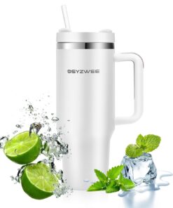 DSYZWEE 1200 ml Doppelwandiger Edelstahl Vakuum Thermobecher für Auto und Office - Weiß mit Strohhalm und Henkel