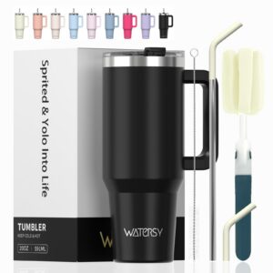 WATERSY 20oz Doppelwandiger Edelstahl Thermobecher für Kaffee - Vakuum Auslaufsicher mit Griff und Strohhalm - Schwarz