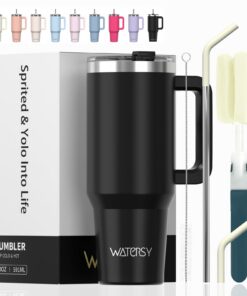 WATERSY 20oz Doppelwandiger Edelstahl Thermobecher für Kaffee - Vakuum Auslaufsicher mit Griff und Strohhalm - Schwarz