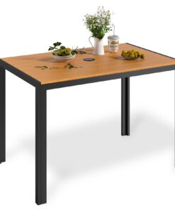 LIFERUN Teakbrauner Gartentisch mit Sonnenschirmloch 110x70 cm Outdoor für Terrasse Wetterfest