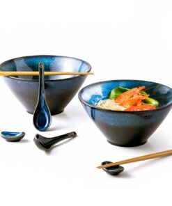 HENXFEN LEAD 2L Japanische Ramen Schüssel Set aus Keramik - Blau Komplettset mit 2 Schüsseln, Stäbchen & Löffel