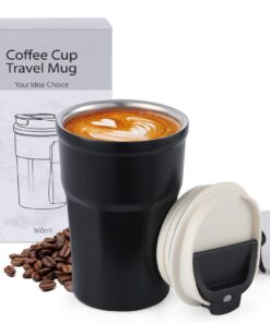 PRAOAHEI Thermobecher Warmhaltend zu Hause und auf Reisen Doppelschicht Isolierung Schwarz Edelstahl 12oz