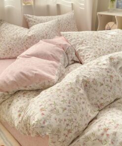 Covebett Baumwoll Bettwäsche Aesthetic Blumenwiese Reißverschluss Set 80x80cm Covebett 135x200 Rosa Blümchen Bettbezug