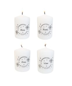 Adventskerzen 4er Set - 4x Stumpenkerzen mit Zahlen, weißes Schneeflocken-Motiv -Ideal für Familien - Dekoration beim Ab