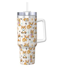 YWSOTRE Niedlicher Hund Corgi auf gestreiftem, 40OZ Ice Bully Cup mit Edelstahlbecher Wasserflasche - Perfect für Outdoo
