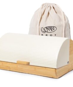 Brotkasten Metall Holz Schwarz, Brot Aufbewahrungsbox für die Küche, groß | Brotkorb mit Deckel Beige, BrotAufbewahrung
