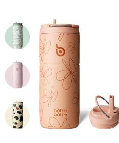 bottlebottle Edelstahl Trinkflasche mit Strohhalm 500ml auslaufsicher BPA-frei (Gelbe Blumen)