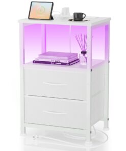 Nachttisch mit LED & Ladefunktion, Weiß Recycled Claim Standard 100 | Beistelltisch mit Schublade & 3 AC-Anschlüsse, We