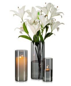 Glasseam 3er Graue Glas Zylinder Vasen Set (15/20/25cm) - Moderne Tischdeko Wohnzimmer Anthrazit