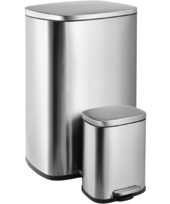 LIFERUN 50l & 5l Abfalleimer Set | Stahltanks mit Softclose | Küche & Badezimmer | Geruchisolierung | Silber