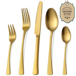Bestdin Edelstahl Besteckset 12 Personen Hochwertiges Spülmaschinenfest Matt Gold￣12-Personen-Set￣Essbesteck Mit Messer