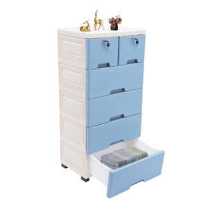 Kazafa Ordnungsbox 50cm PP-Kunststoff Schubladen-System Blau+Weiß für Kinderzimmer & Schlafzimmer mit 6 Schubladen & Rol