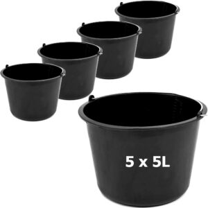 Baueimer Mörtelkübel 5 Stück für Baustelle und Putzjob - 5 L Eimer, Schwarz, 24 cm Durchmesser, Suchbegriffe einschließl