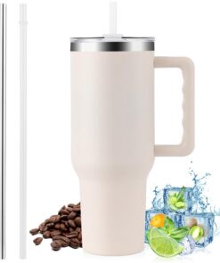 PRAOAHEI Doppelwandiger Edelstahl Thermobecher Cremeweiß - 40oz/1180 ML Kaffeebecher zu Go mit Strohhalm und Henkel, Aus