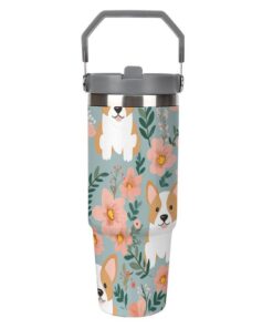 Corgi Floral Flowers Spring Garden Trinkbecher mit Strohhalm | isolierter Edelstahl-Reisebecher mit Griff-Design | hält