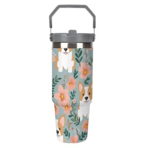 Corgi Floral Flowers Spring Garden Trinkbecher mit Strohhalm | isolierter Edelstahl-Reisebecher mit Griff-Design | hält
