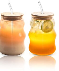 Hiqiku 2 Stück Vielseitiges Trinkglas für Latte Macchiato Smoothie Ice Coffee mit Deckel und Strohhalm, 520ml Wave Tumbl