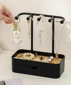 Inkihuit Kettenständer mit Schubladen für Schmuck, Elegantes Schwarz, Kompakt Schmuck Organizer mit 5 Haken