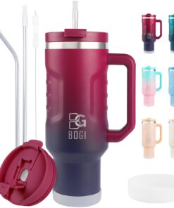 BOGI Isolierter Reise-Kaffeebecher mit Griff, Strohhalm und 2-in-1-Deckel, wiederverwertbar