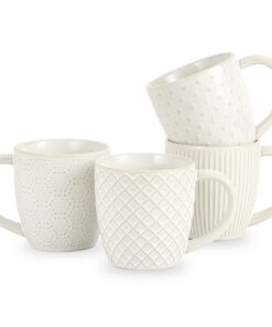 Steingut Tassen Set 4er 400ml Relief-Design, spülmaschinenfest & mikrowellengeeignet für Kaffee Cappuccino Tee