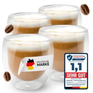 Lemontree 4er Set Cappuccino Tassen - doppelwandig, hitzbeständig, moderne Design Kaffeetassen aus Borosilikatglas